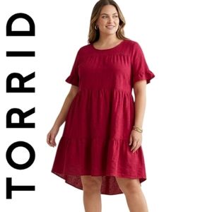Torrid Raspberry Red Tiered Cotton Babydoll Dress Hi-Low Hem Boho Summer Feel